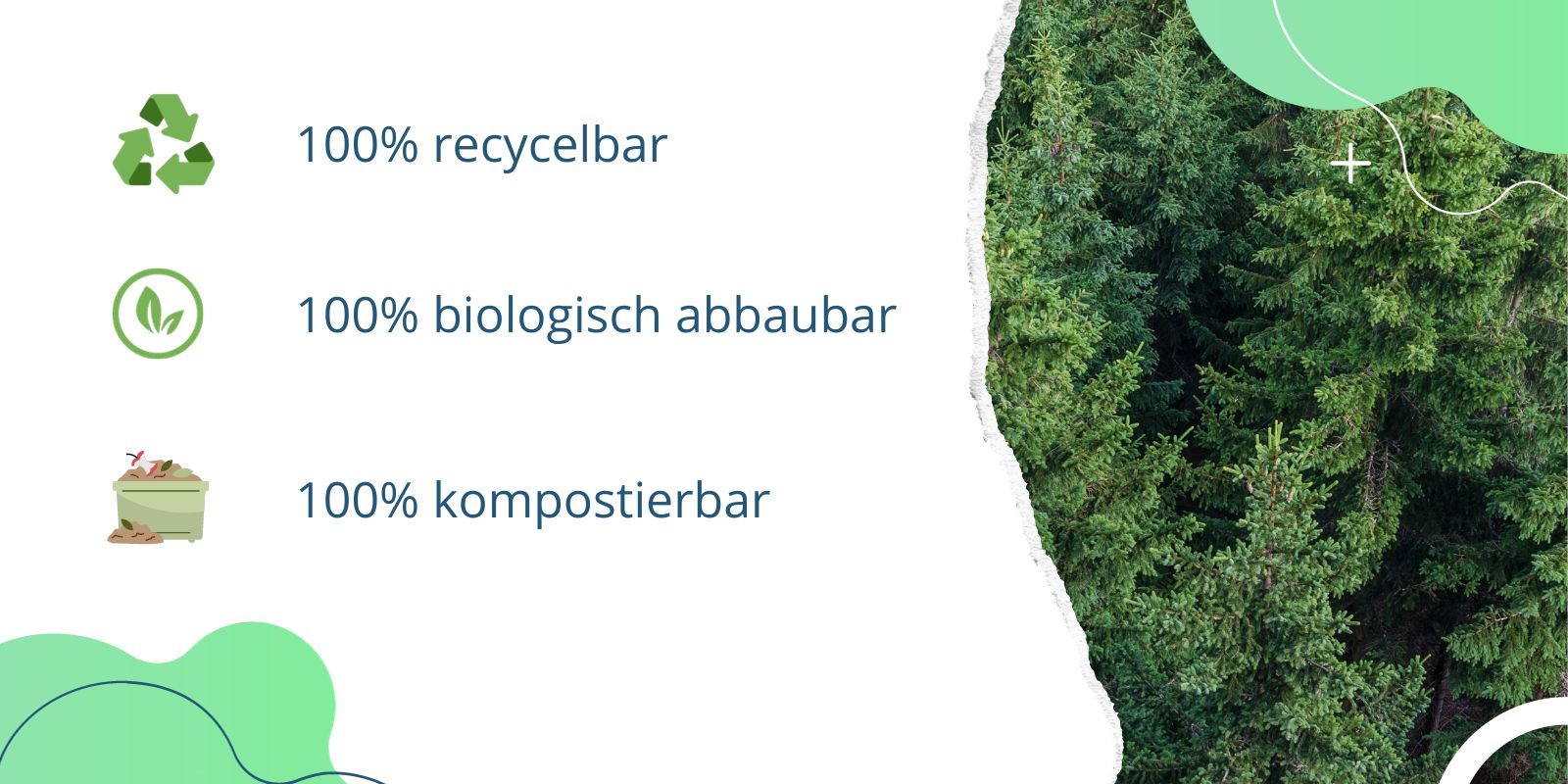 Das Bild zeigt die Eigenschaften von Fasergussformteile wie z. B. recycelbar, biologisch abbaubar und kompostierbar.